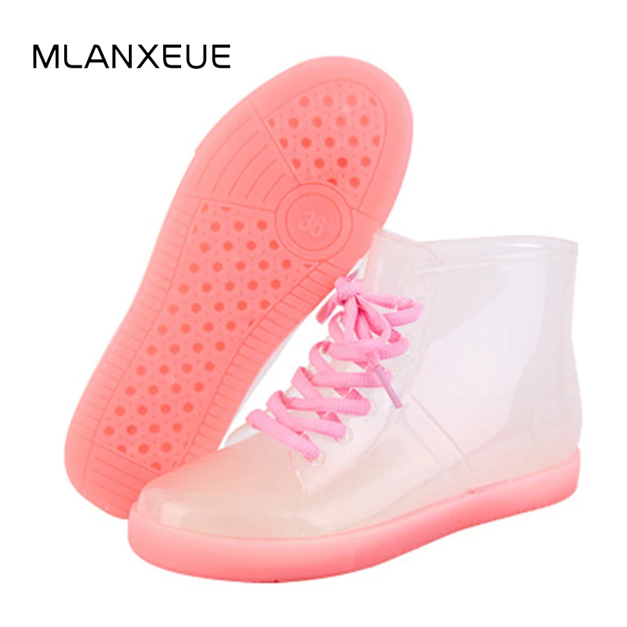 

Transparent Women Rain Boots PVC Lace Up Woman Ankle Boots Waterproof Lady Jelly Boots Shoes Woman Clear Casual Martin Boots New
