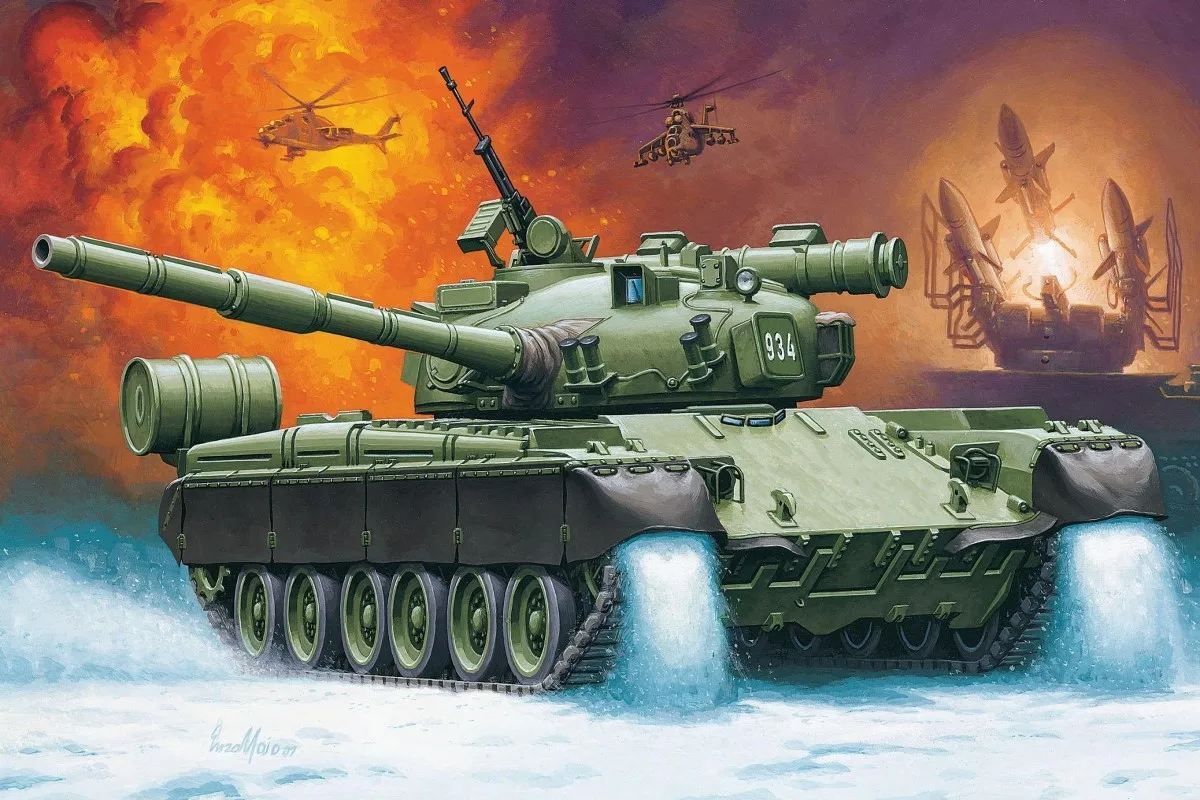 WAR ART Maio T 80 main battle tank Russia helicopter missile fire QX444