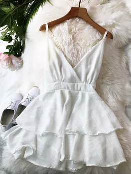 

Summer Beach Dress Women Deep V Neck Bowknot Robe Spaghetti Strap Sexy Night Clubwear Short Mini Backless Ruffles Party Dress