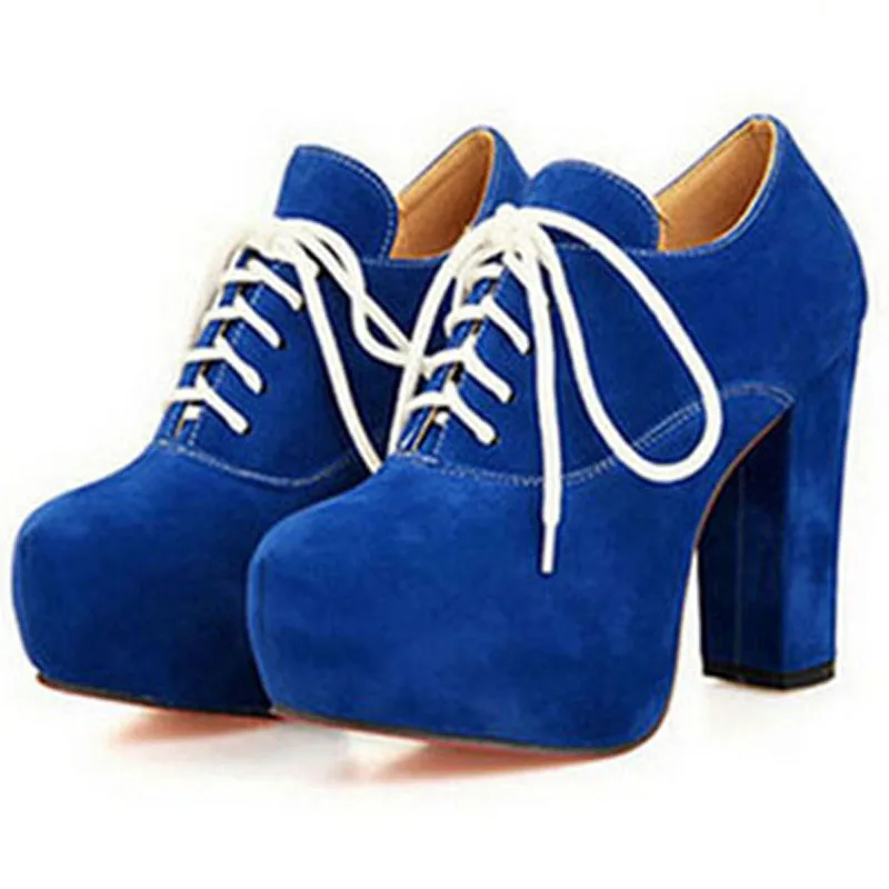 

ENMAYES Artistic Solid Large Size 34-43 Women Pumps 5 Colors Round Toe Lace Up Ankle Boots Square Heel Platform Pumps for Women
