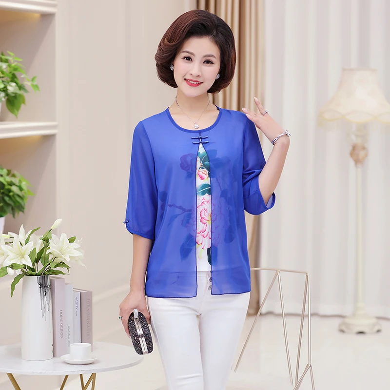

NIFULLAN Fake Two Pieces Women Chiffon T-shirt Top 2019 Summer Mother 5XL Plus Size Half Sleeve Pullover Camisetas Mujer