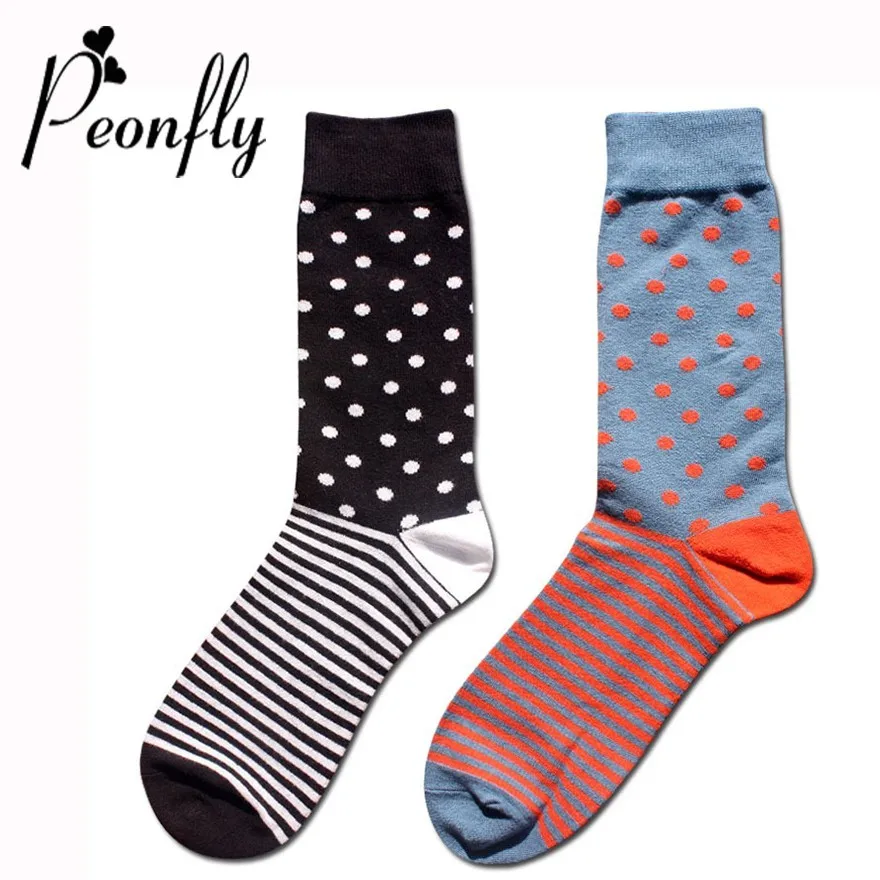 

PEONFLY Fashion Harajuku Man happy funny Socks Color Block Patchwork Striped Dot Print Crew high quality Cotton Casual Socks