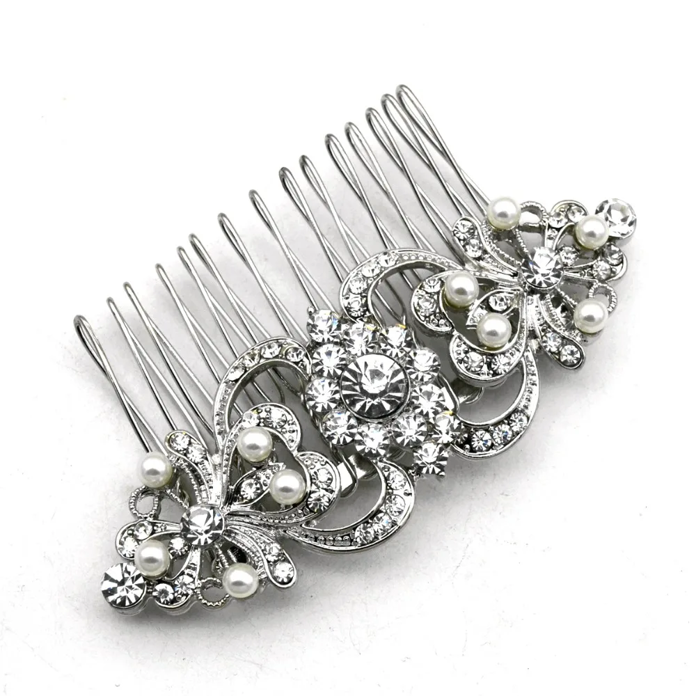 

Vintage Style Rhodium Silver Tone Rhinestone Crystal Diamante Ivory Pearl Hair Comb
