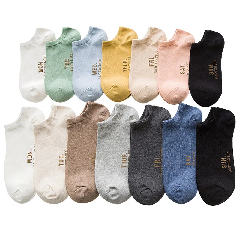 2018 носки унисекс 7 пар хлопок письмо с коротким невидимые Твердые Цвет ботильоны Для женщин Для мужчин неделю носки Mew Высокое качество