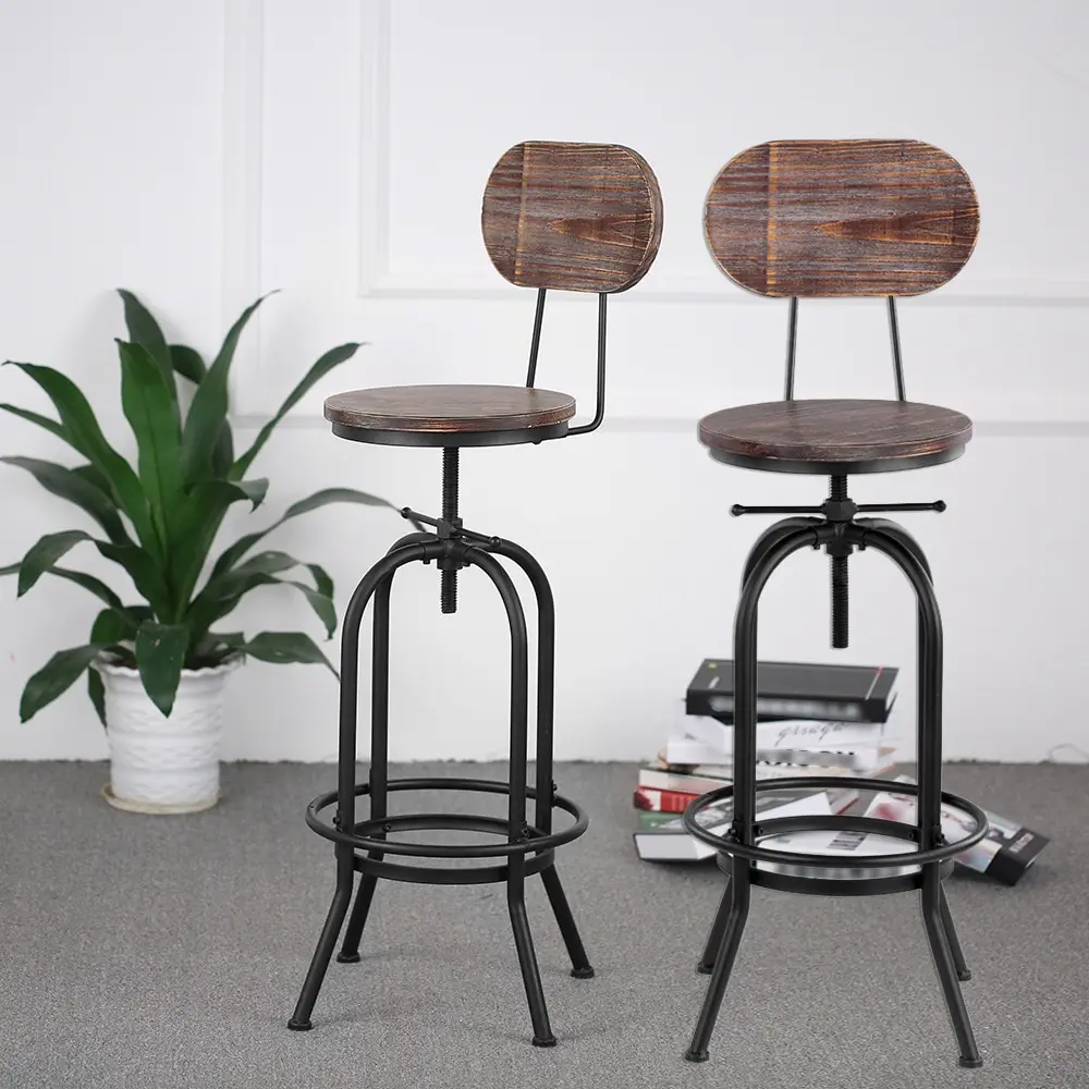 

iKayaa Industrial Style Bar Stool Height Adjustable Swivel Kitchen Dining Chair Pinewood Top+ Metal With Backrest Bar Stools