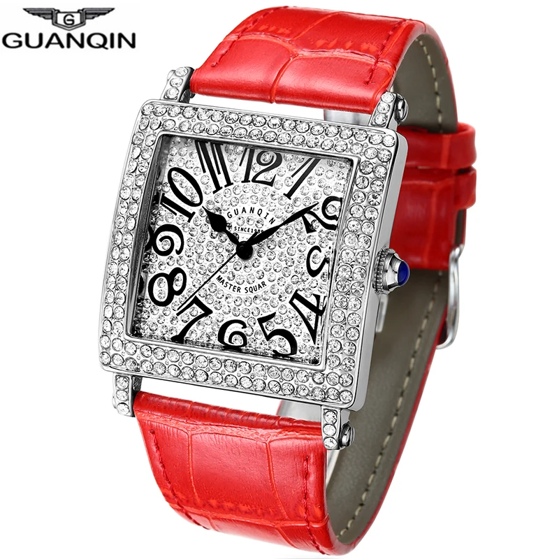 

GUANQIN New Fashion Watch Women Luxury Diamond Square Women Watches Waterproof Ladies Quartz Watch Leather Bracelet Wrist Watch