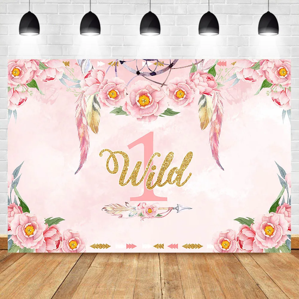 

NeoBack Pink Flower Girl First Birthday Photo Background Bohemia Feather arrowPrincess Dreamcatcher Photo Background Photophone