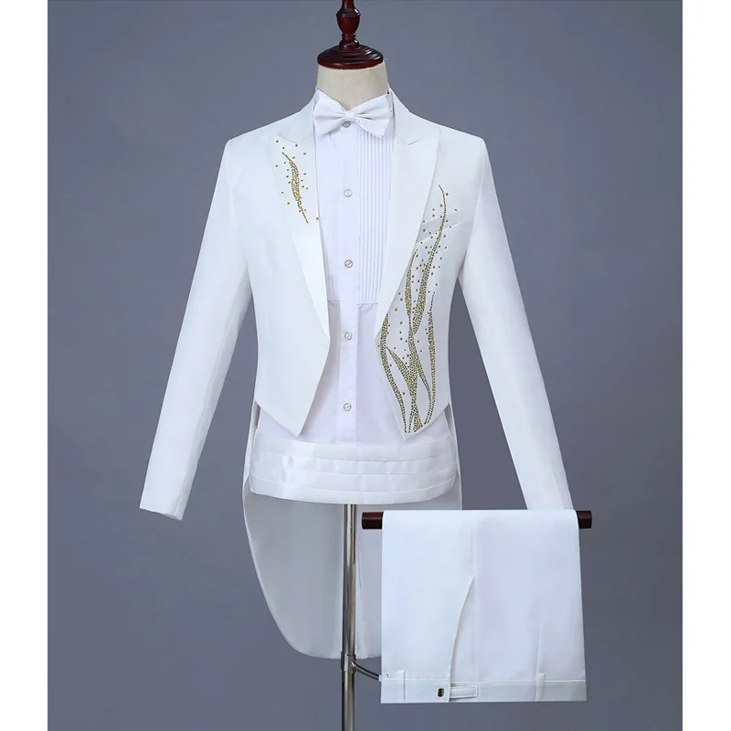 Мужские белые костюмы из 2 предметов, свадебные смокинги для жениха, мужские вечерние костюмы для музыкальных выступлений с брюками, одежда для певицы 4XL - Цвет: white gold
