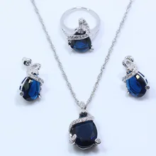 Новое поступление года капли воды Голубой Циркон 925 Серебряные Ювелирные изделия Набор для Для женщин серьги Цепочки и ожерелья цепь Кулон Кольцо t134