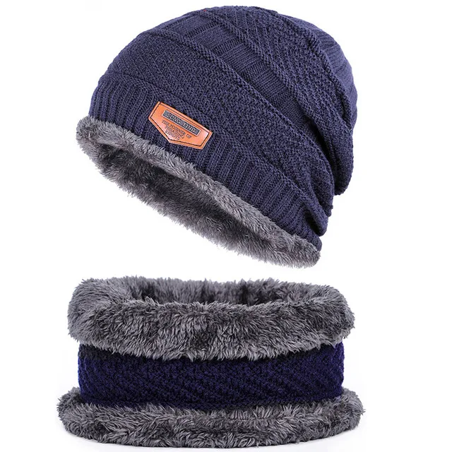 Для мужчин осенью и зимой трикотажные шапки хлопок теплые и удобные лыжные маска шляпа шарф женская зимняя Шапки шапочки Skullies мужской - Цвет: Navy