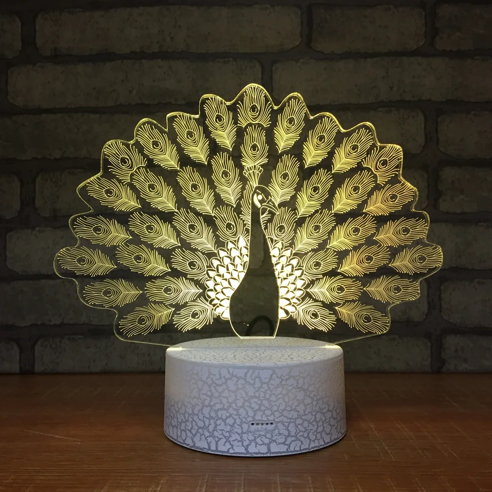 Peacock Night Light Lamp 3D LED Lamp 7 Colorful Table Lamp For Kids Christmas Gift White Base with Touch Switch / Remote
