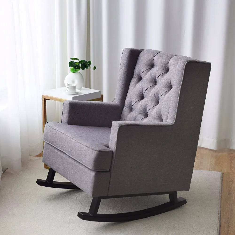 Giantex Mid-Century Retro Fabric Upholstered Rocking Chair Button-Tufted Gray Home Furniture HW60293+ Giantex Mid-Century Retro Fabric Upholstered Rocking Chair Button-Tufted Gray Home Furniture HW60293+