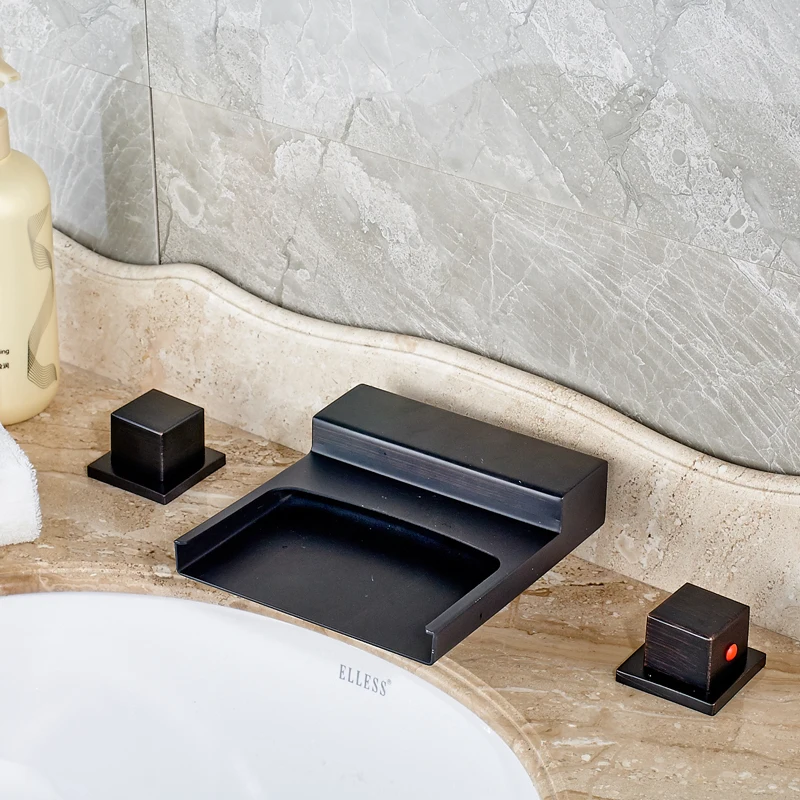 

Deck Mounted Bathroom Sink Faucet Double Handles Mixer Tap Waterfall Spout Vanity Sink Faucet Oil Rubbed Bronze