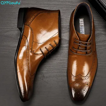 

QYFCIOUFU Pointed Toe Carving100% Genuine Calf Leather Brogue Mens Dress Boots Handmade Bespoke Leather Lacing Men Ankle Boot