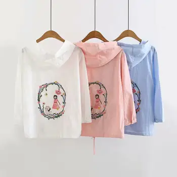 

2019 Women Cute Girls Embroidery Hooded Jacket Summer Casual Single Breasted Short Coats Ladies Loose Thin Harajuku Outerwears