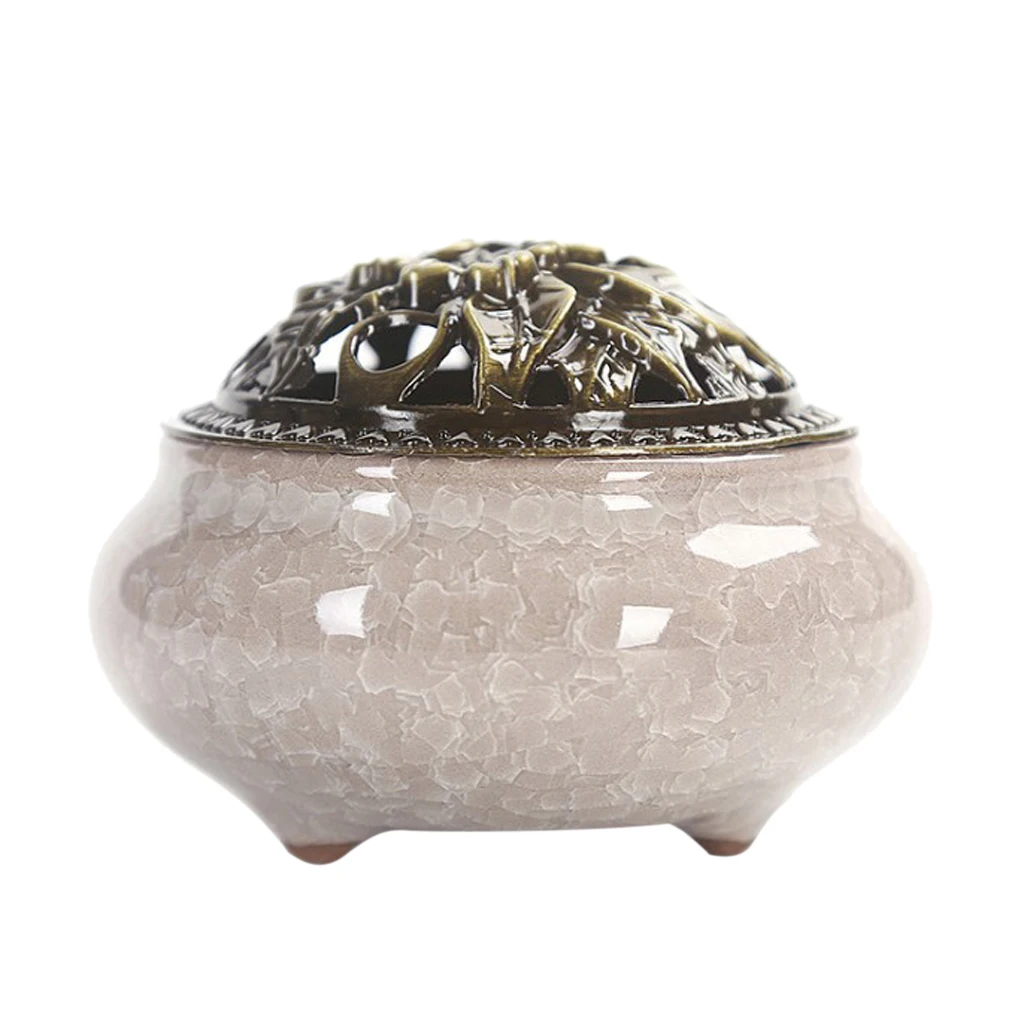 2x Vintage Chinese Ceramic Incense Burner Holder Buddhist Cones Coil Spiral Censer Ash Catcher Bowl with Alloy Cover