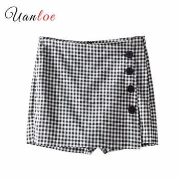 

Women Elegant Plaid Pleated Shorts Checkered Buttons Back Zipper Ladies Summer Casual Shorts Pantalones Cortos