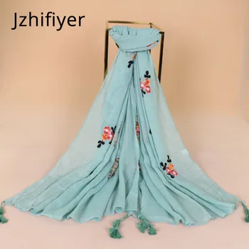 

cotton scarf muslim hijabs floral embroidery bandana arab long large cape 135g bufanda fashion muslim shawl tassel hijab scarf
