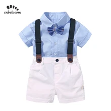 Детский комплект одежды для мальчиков на 1 день рождения, деловой костюм летний детский комплект одежды с бантом, рубашка синие топы+ шорты на подтяжках
