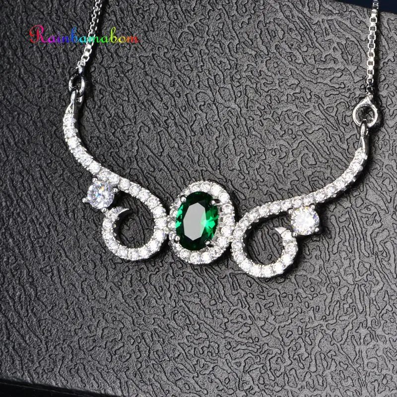 

Rainbamabom Real 925 Sterling Silver Emerald Gemstone White Gold Pendant Necklace Party Cocktail Jewelry Women Gifts Wholesale