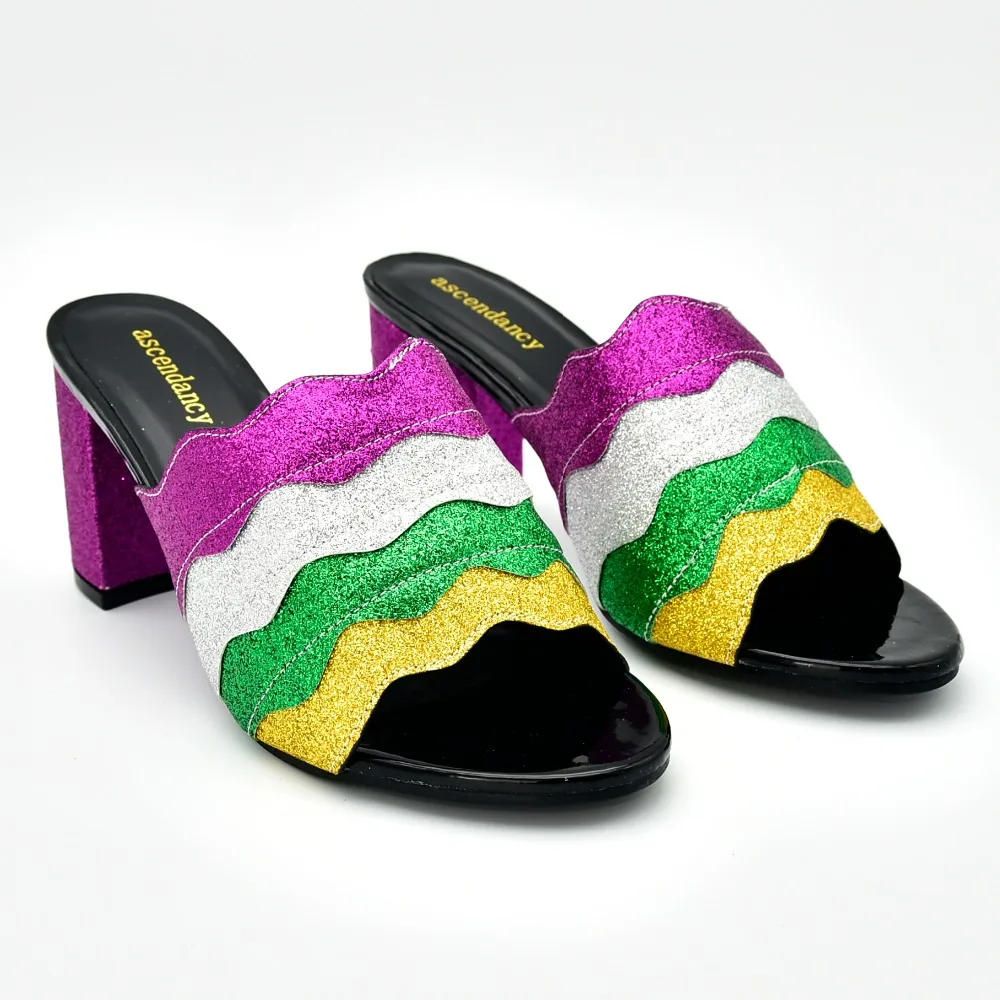 

Shoes lady slippers contrast color sandal shoes fushia yellow green silver shoes with 3 inches heel for party shoes SS012-1