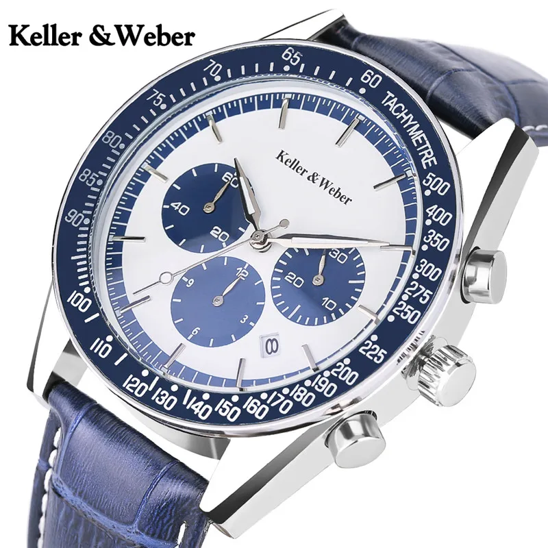 

Keller & Weber Original Brand Men's Wrist Watch Luxury Function Chronograph Sports Genuine Leather Quartz Casual Male Time Clock