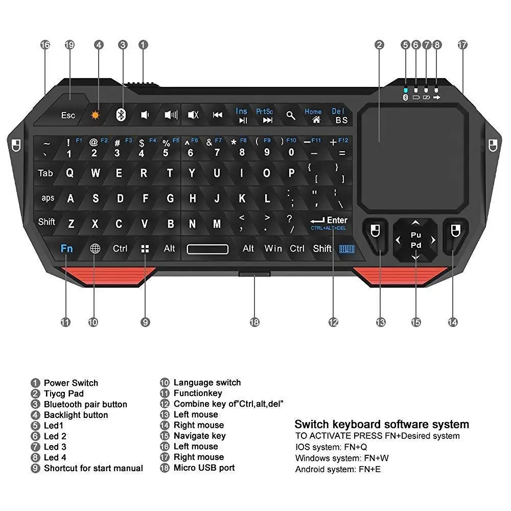 Мини Bluetooth клавиатура с сенсорной панелью для смартфона ТВ проектор Совместим с Android, IOS, Windows Qwerty беспроводная клавиатура