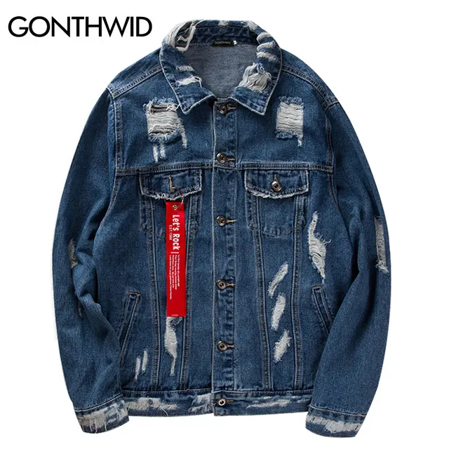 GONTHWID Ribbon Ripped Denim Jacket Mens Vinage Distressed