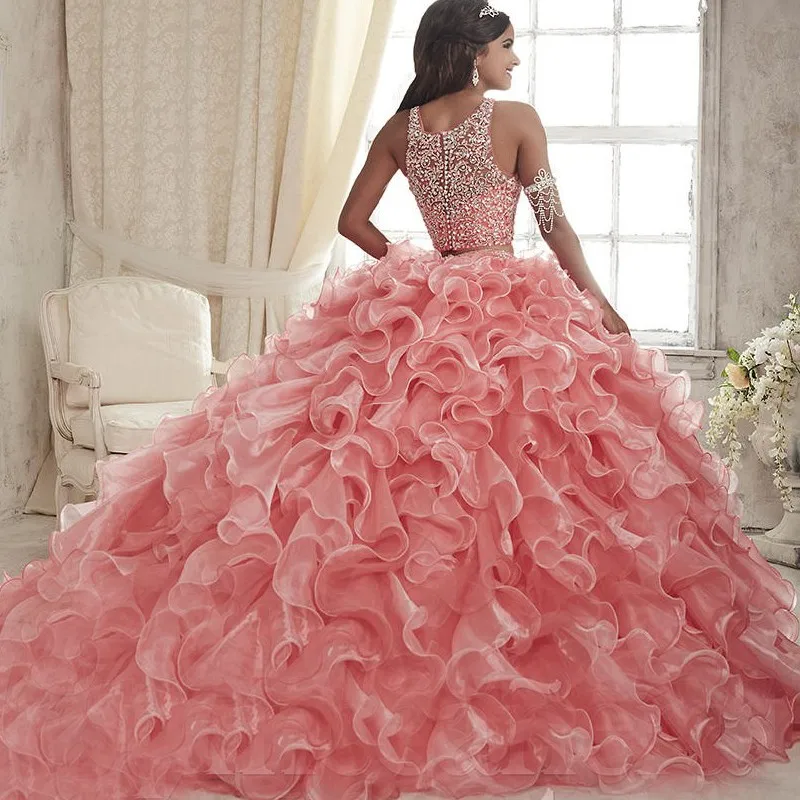 Two Piece Quinceanera Dresses Pink Scoop Organza Ball Gown Sweet 15 16 Dress Sleeveless Beaded Pruffy Zipper Vestidos de 15 anos