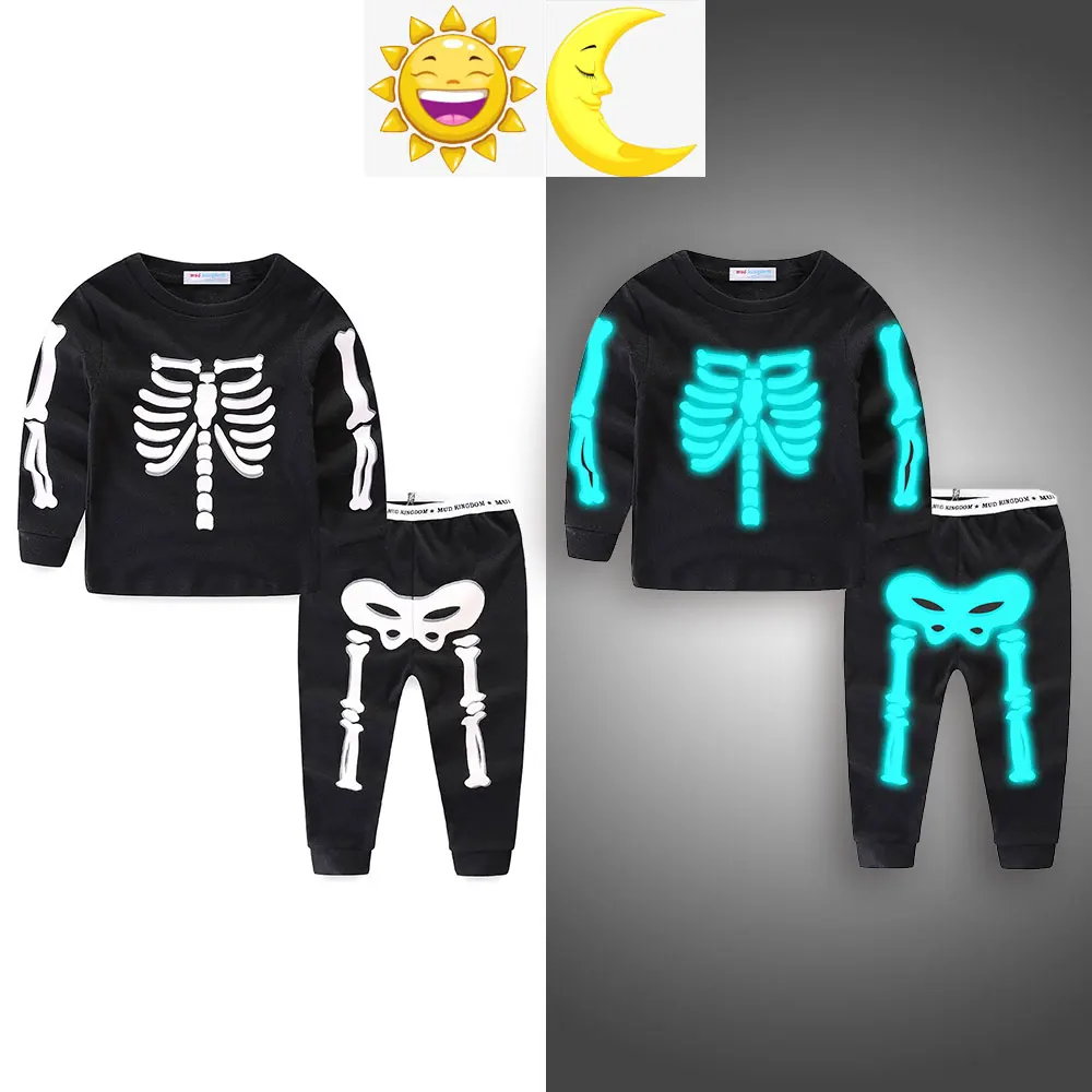 Светящийся детский комплект одежды для мальчиков и девочек, костюм на Хеллоуин с изображением Человека скелета, детские топы с длинными рукавами+ штаны, 2 предмета - Цвет: Черный