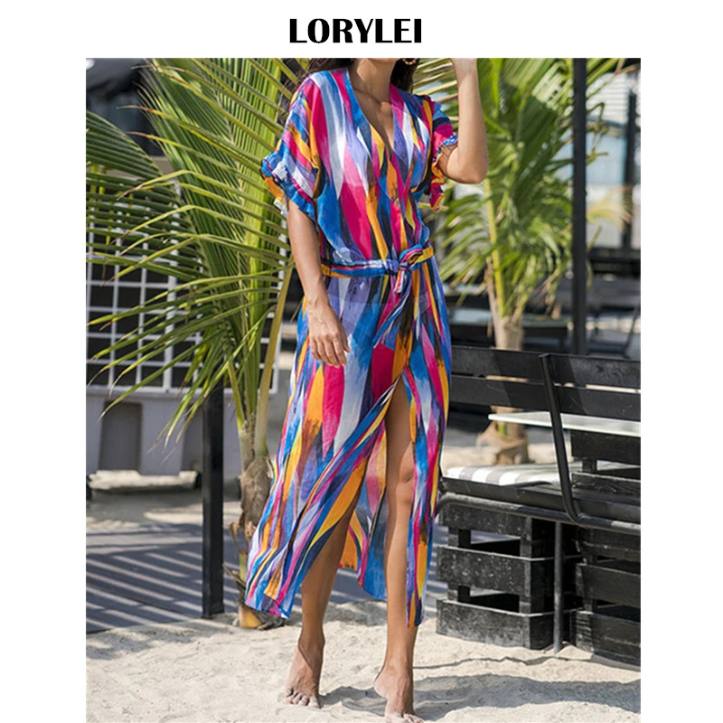 

2019 Bohemian Printed Flare Sleeve Self Belted Bikini Wrap Dress Chiffon Tunic Women Summer Beach Wear Cover-ups Sarongs N830