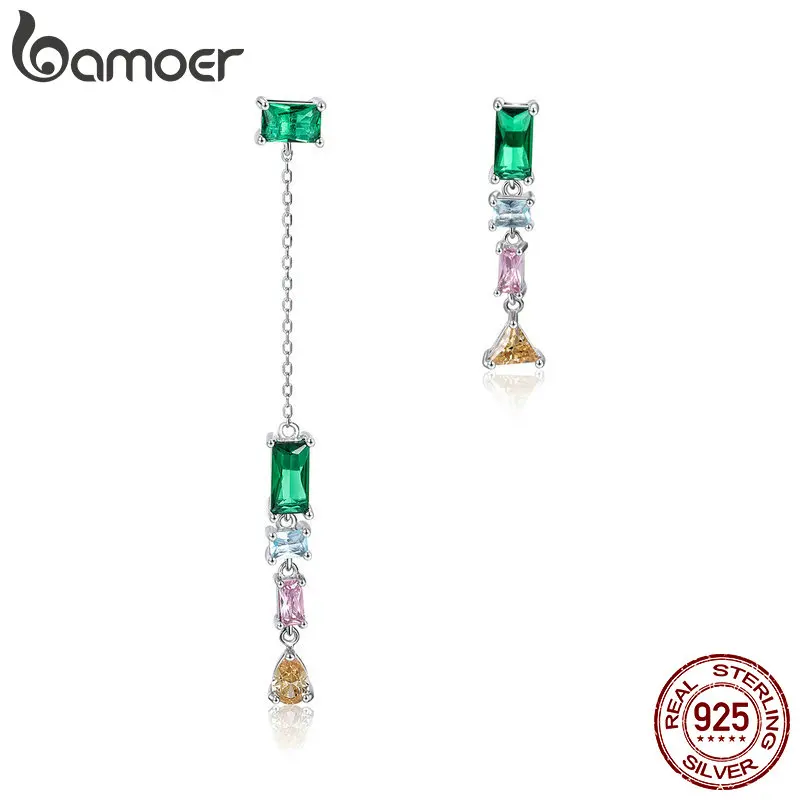 

BAMOER 925 Sterling Silver Dazzling CZ Simple Square Geometric Drop Earrings for Women Fashion Earrings Silver Jewelry SCE408