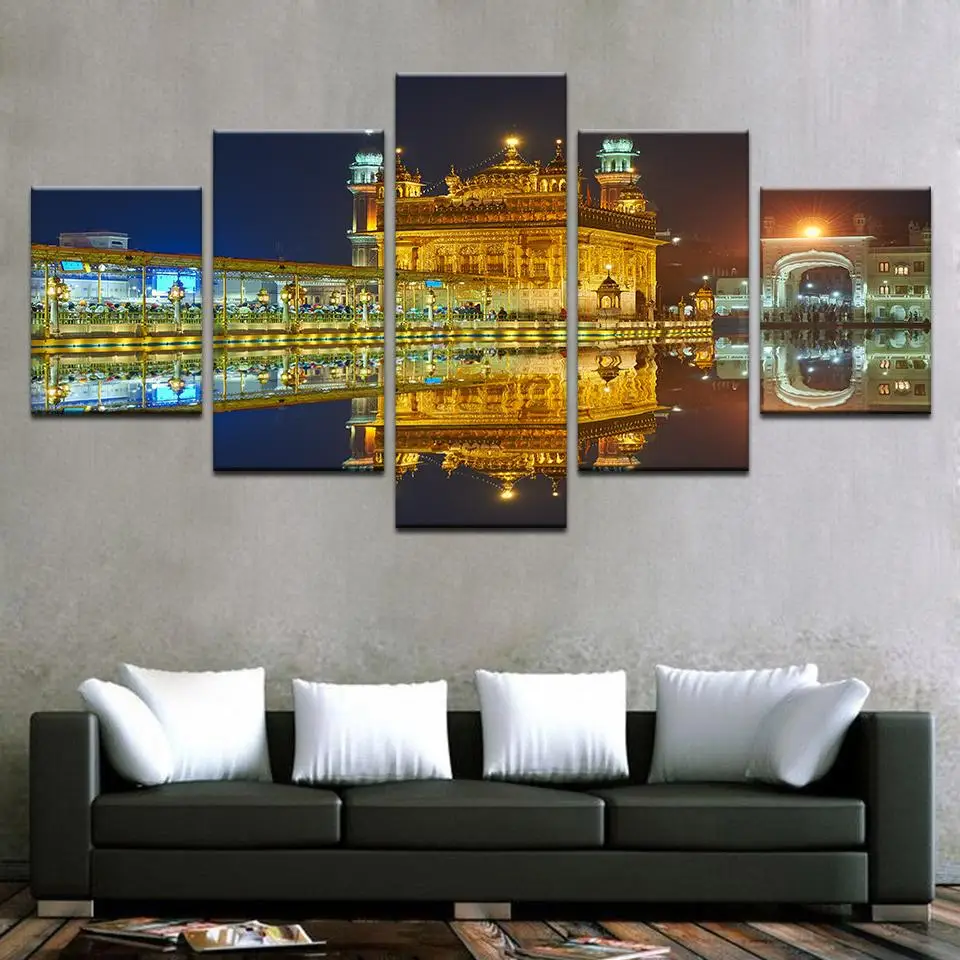 Modern Printing Type Poster Canvas Painting 5 Panel Building Night View HD Wall Art Pictures Modular Artwork Vintage Home Decor