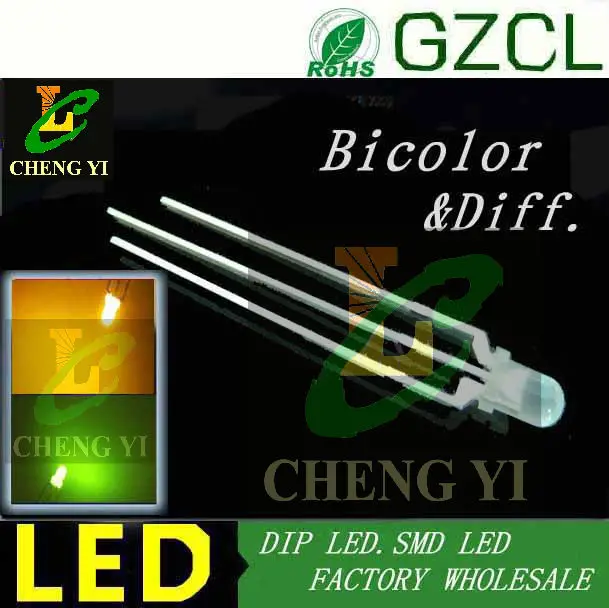 

1000pcs Free shipping 3mm Bicolor Yellow&Green diffused indicator led diode(Round dip led)2.0-2.2V
