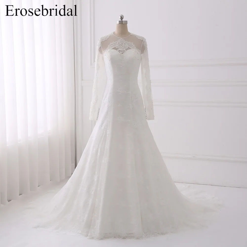 

New Illusion Back Wedding Dresses Mermaid Erosebridal 2018 Lace Long Wedding Dress Elegant Chapel Train Vestido De Noiva GLT002