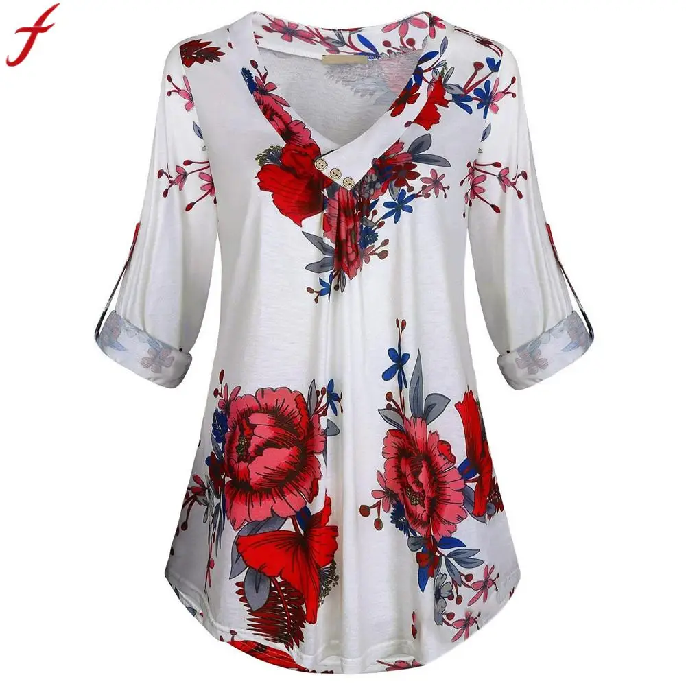 

5XL Plus Size Women Tunic Shirt 2019 Autumn Long Sleeve Floral Print V-neck Blouses And Tops With Button Big Size Women Clothing