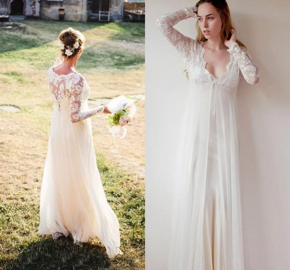 

Graceful Empire Waist Pregnant Wedding Dresses Long Sleeve Lace And Chiffon V Neck Cheap Country Maternity Bridal Gowns