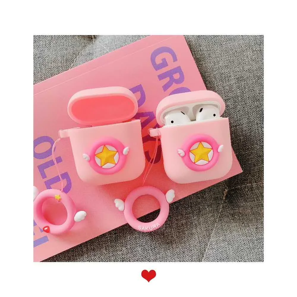 

Sailor Moon Pink Star Silicone Bluetooth Headset Cover for Apple Airpods Accessories with Ring Charging Wireless Headphone Cover