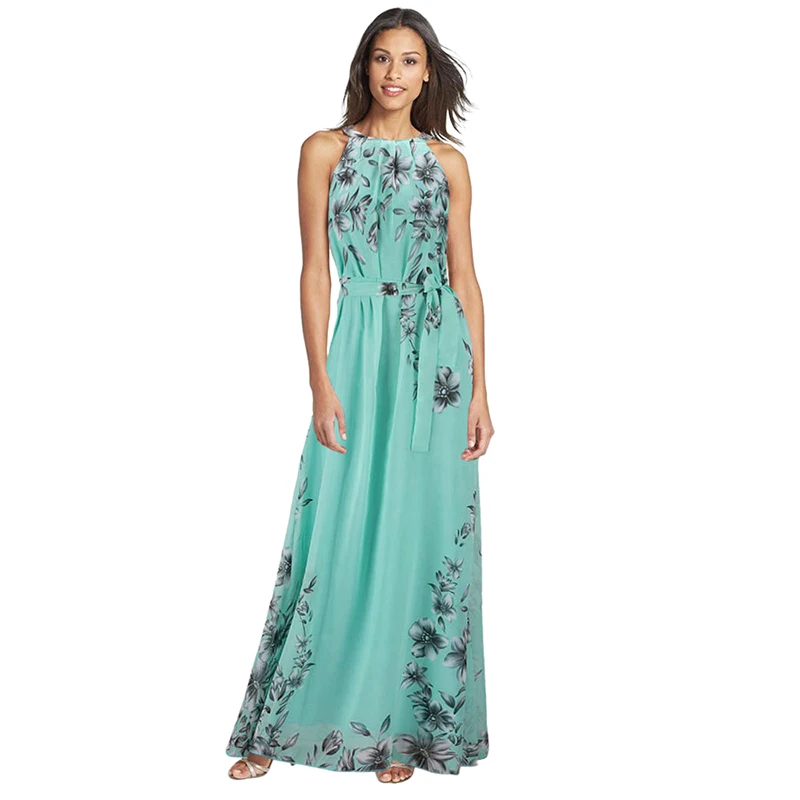 

2018 Summer Style Women Long Dress O Neck Floral Print Chiffon Maxi Dress Elegant Casual Boho Party Dresses Vestidos With Belt