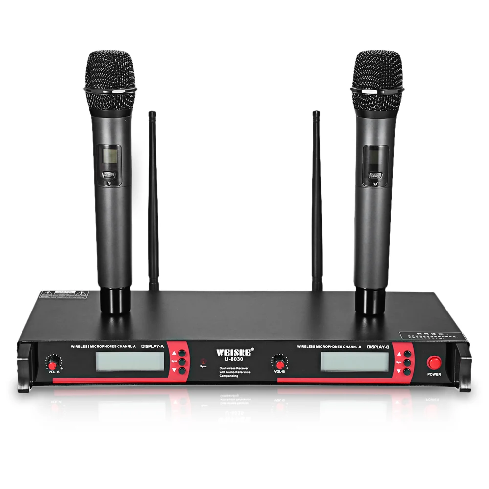 WEISRE U-8030 Профессиональный Двухканальный UHF беспроводной KTV микрофон набор 2 микрофона+ 1 приемник+ 2 антенны+ 1 пара набор для монтажа в стойку