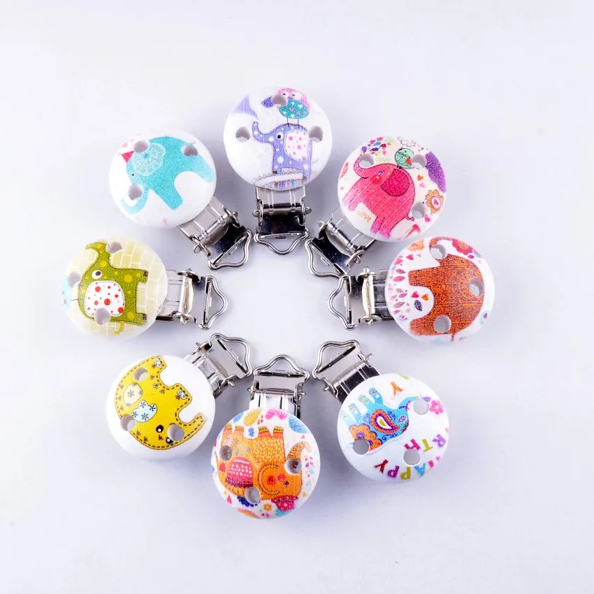 

10 Baby Pacifier Clips Mixed Pattern Elephant White Wood Metal Holders Cute Infant Soother Clasps Funny Accessories 4.4x2.9cm