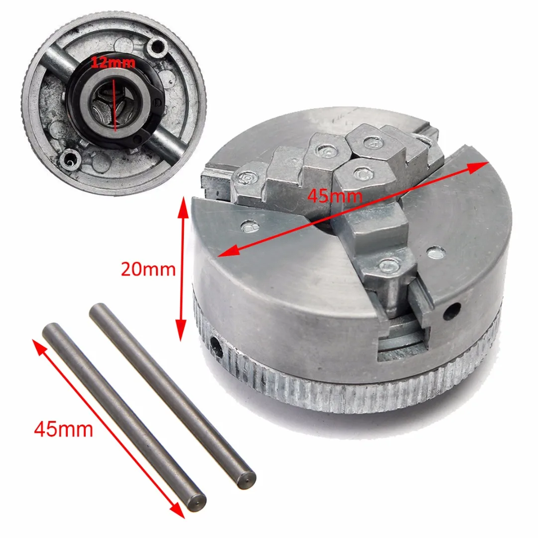 1Pcs Metal 3 Jae Lathe Chuck M12x1 45mm Self Centering Hardened + 2Pcs Lock Rods For Machine Tools Accessories Silver