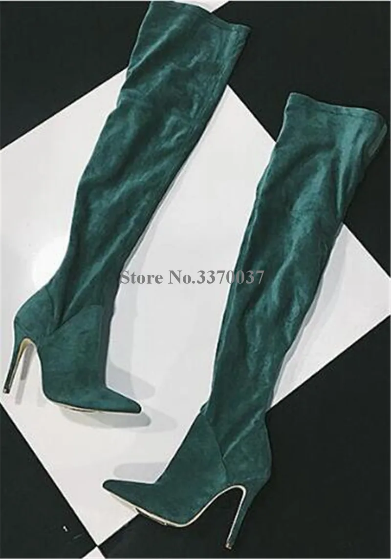 Женские пикантные замшевые ботфорты с острым носком на тонком каблуке, облегающие высокие сапоги из флока на высоком каблуке черного, красного и зеленого цветов, Клубная обувь