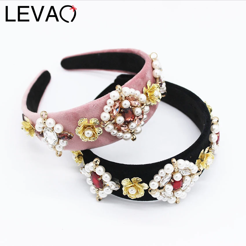 

Levao Luxury Baroque Crystal Headband Metal Simulation pearl Hairband for Women Headwear Wide velvet Bezel Hair Hoop Headdress