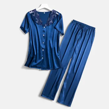 

Silk Satin Pajamas Set for Women Summer Short Sleeve Top Shirt and Long Pants 2 Pieces Set Home Loungewear Plus Size Pajamas