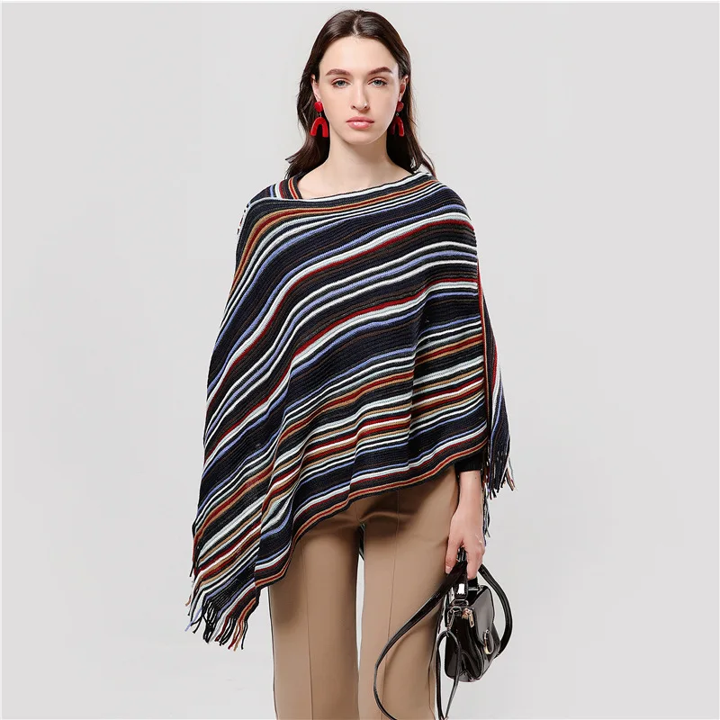 

2019 new women scarf fashion knitted lady poncho and caps striped thick warm winter pashmina bandana female ponchos
