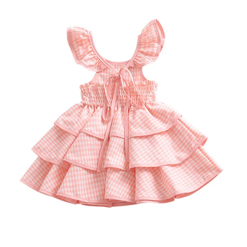Kid Girl Sleeveless Plaid Princess Tutu Dress Toddler Baby Summer Backless Sun Dress Girls Layered Party Dress Cotton Clothing (3)