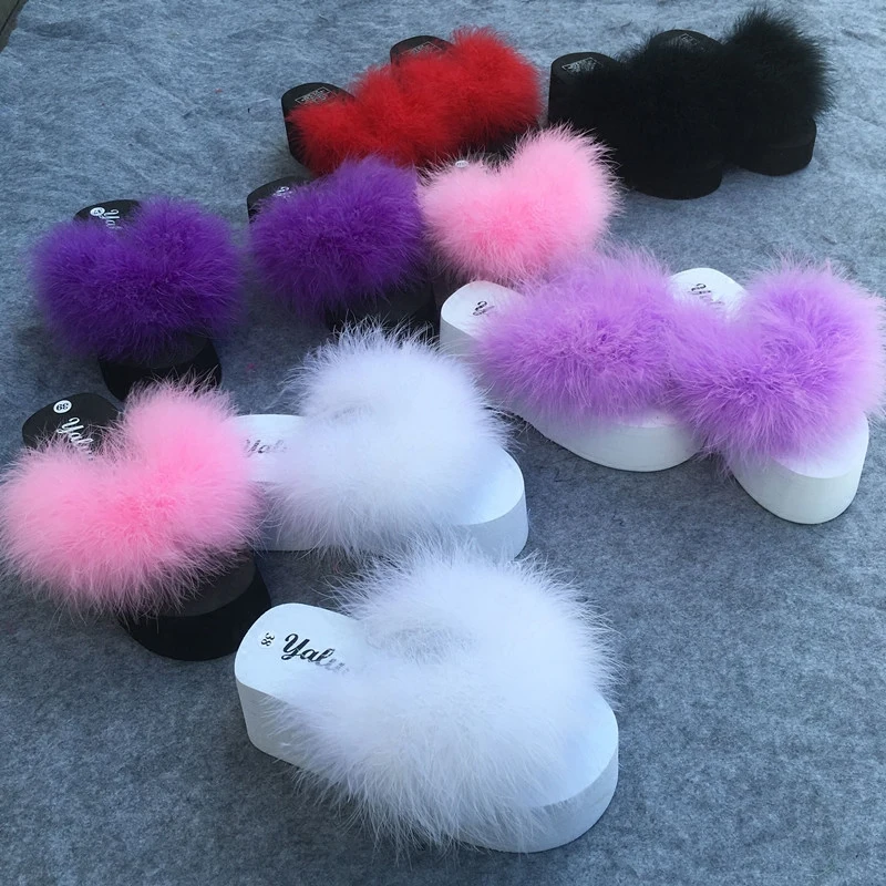

Hot Fur Slides Women Ostrich Sandals With Feathers Female Sweet Sandals Beach Shoes Summer Pantufa Fashion Sliders Flip Flops
