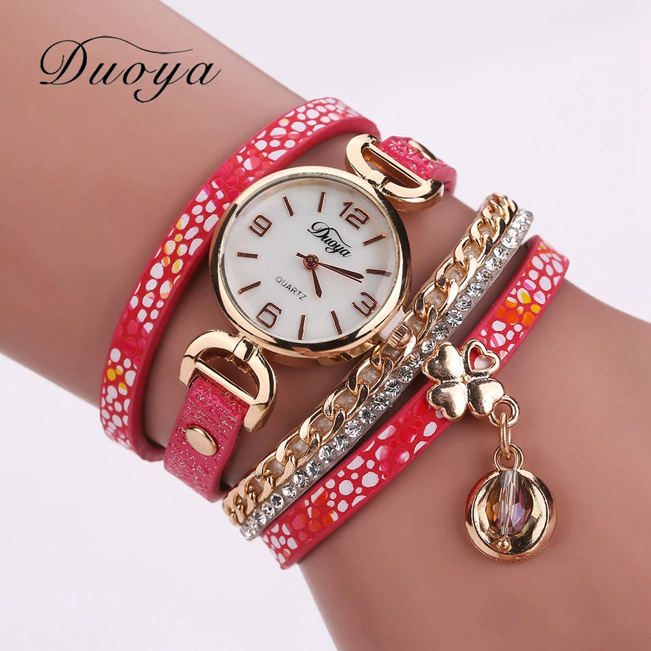 

Fashion Gold Bracelet Watch Women Quartz Watch Rhinestone PU Leather Ladies Dress Watches Heart Luxury Wristwatch Gift Red