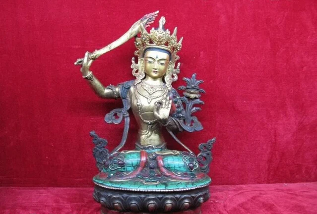 

S0404 Tibet Bronze Gild inlay turquoise coral Manjusri Avalokitesvara Guan Yin Buddha D0318